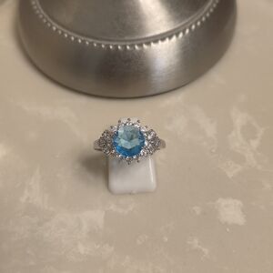 Silver CZ and Aquamarine Ring Size 10